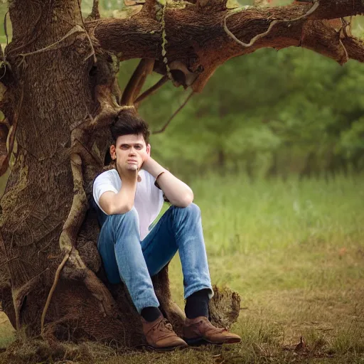 Prompt: a confused young man sitting in a steampunk-like tree, but the tree is not natural, the tree is artifical yet still complex