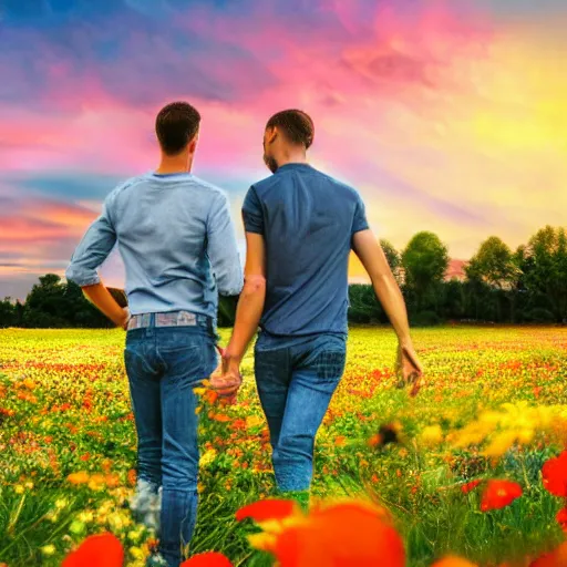 Image similar to a gay couple in their 30s together in a field of flowers at sunset, realistic, intricate, 4k