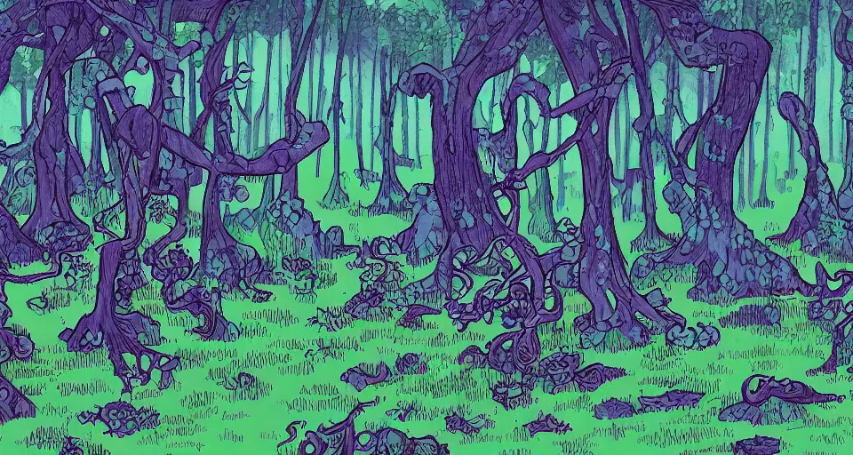 Image similar to A dense and dark enchanted forest with a swamp, by Rebecca Sugar