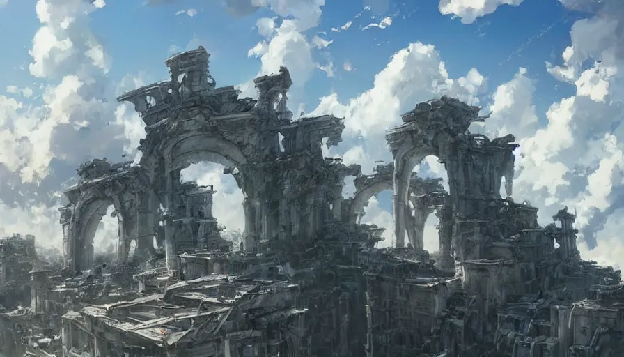 Prompt: a apocalyptic city ruin, fluffy white clouds in the blue sky on a beautiful windy day, trending on pixiv fanbox, painted by takashi takeuchi greg rutkowski makoto shinkai takashi takeuchi studio ghibli