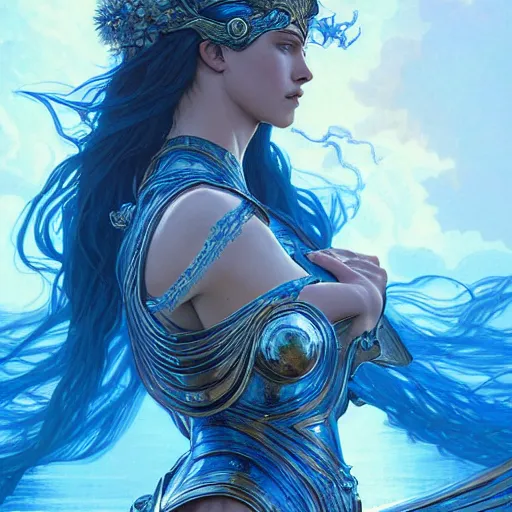 Image similar to a goddess of water wearing blue armor, with arms and hair turning into water, fantasy, intricate, elegant, highly detailed, digital painting, artstation, concept art, wallpaper, smooth, sharp focus, illustration, art by artgerm and greg rutkowski and alphonse mucha