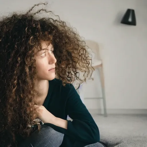 Prompt: a woman with long curly hair sitting in a room