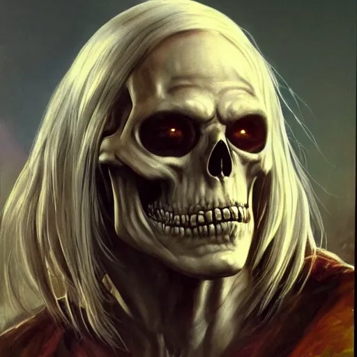 Prompt: ultra realistic portrait painting of skeletor as geralt of rivia, art by frank frazetta, 4 k, ultra realistic, highly detailed, epic lighting