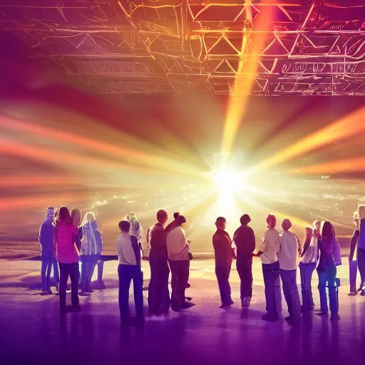 Image similar to crane shot of large group people in open warehouse, looking at hologram of futuristic city on a table, cinematic concept, godrays, golden hour, natural sunlight, 4 k, clear details, tabletop model buildings, tabletop model, ethereal hologram center, crane shot, crane shot, rule of thirds, people, people, award winning