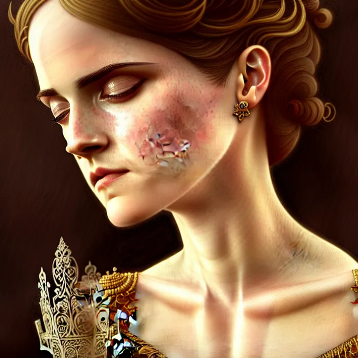 Prompt: ancient queen emma watson, symetrical, diffuse lighting, fantasy, intricate, elegant, highly detailed, lifelike, photorealistic, digital painting, artstation, illustration, concept art, 4 k, smooth, sharp focus, art by john collier and albert aublet and krenz cushart and artem demura and alphonse mucha