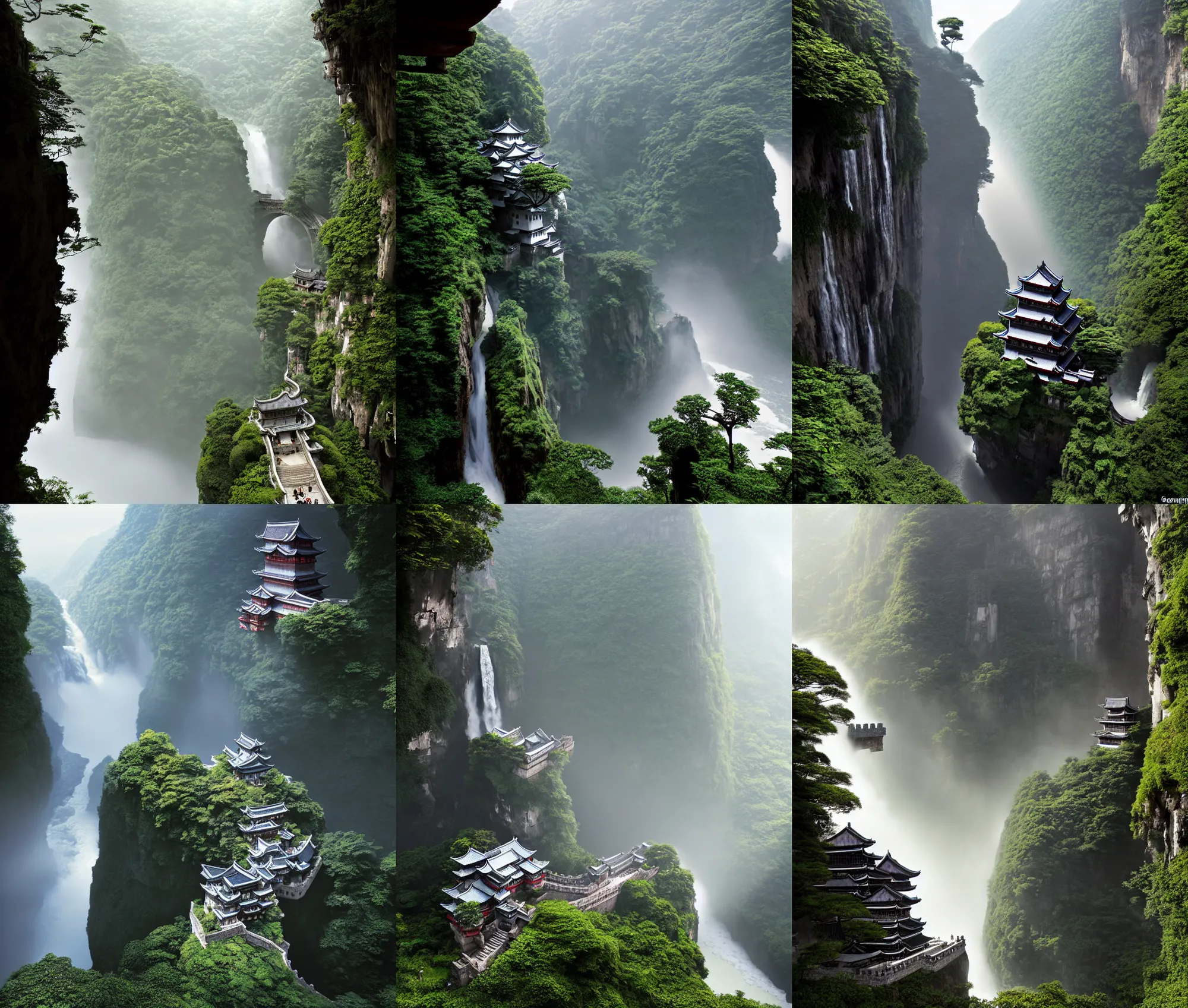 Prompt: establishing wide shot inside han son doong with waterfalls on either side of the cliff walls, at the top of the cliff is a japanese castle, a cloister is built into the cliff walls, an old suspension bridge spans the walls, sunny morning light, 4 k detailed digital photo by greg rutkowski and gerald brom and james gurney