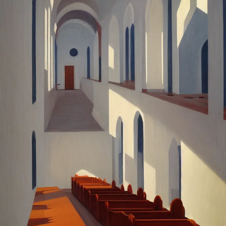 Image similar to empty church interior, painted by Edward Hopper, painted by James Gilleard, airbrush