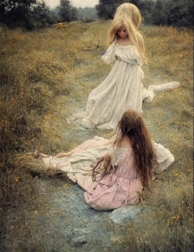 Image similar to peasant barefoot girl with long hair laying edge of rock, cottage core, cinematic focus, polaroid photo bleached vintage pastel colors high - key lighting, soft lights, foggy, by steve hanks, by lisa yuskavage, by serov valentin, by tarkovsky, 8 k render, detailed, oil on canvas