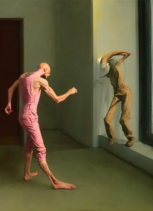 Image similar to an expressive skinny artist wearing overalls physically fighting with a ghost, inside a grand studio, depth of field, hauntingly surreal, highly detailed oil painting, by francis bacon, edward hopper, adrian ghenie, glenn brown, soft light 4 k, green and pink colour palette, cinematic composition, cinematic lighting, high quality octane render, masterpiece