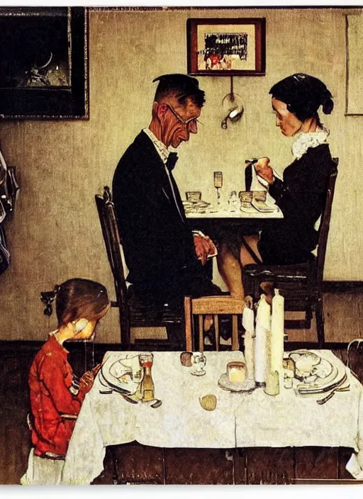 Image similar to A sad married couple having lonely dinner on a Saturday night painted by Marius Van Dokum, Norman Rockwell