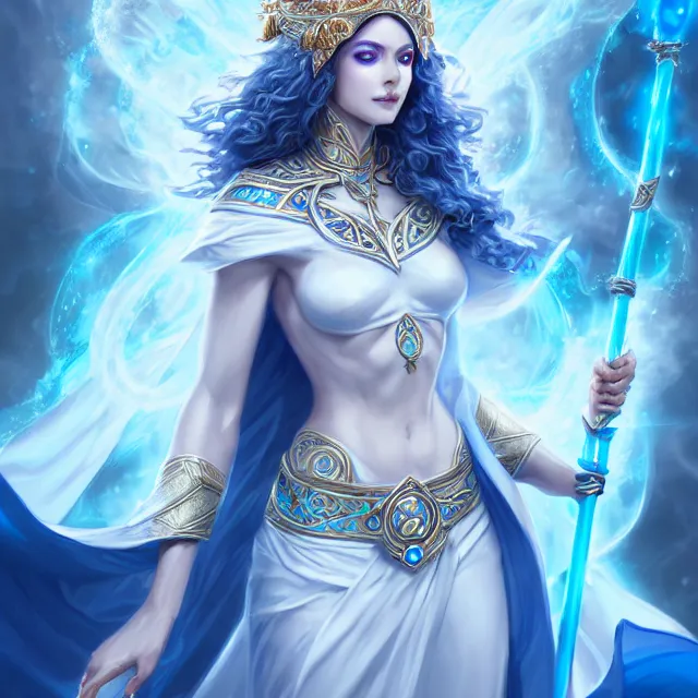 Image similar to beautiful elemental sky witch with ornate white and blue robes and staff, highly detailed, 4 k, hdr, smooth, sharp focus, high resolution, award - winning photo, artgerm, photorealistic