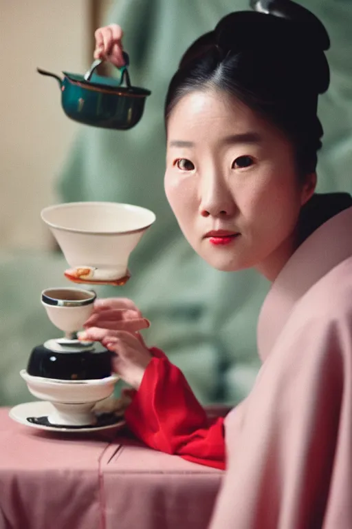 Prompt: Kodak portra 160, 4K, portrait: famous artist in low budget movie remake, tea ceremony scene