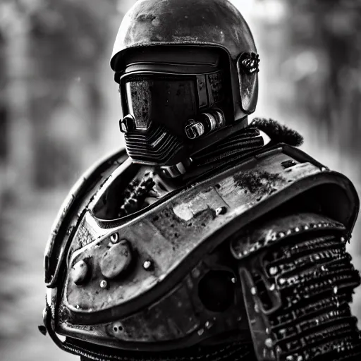 Image similar to portrait photograph of black spacemarine in battle worn armor. super resolution. 85 mm f1.8 lens.bokeh.graflex. Alessio albi