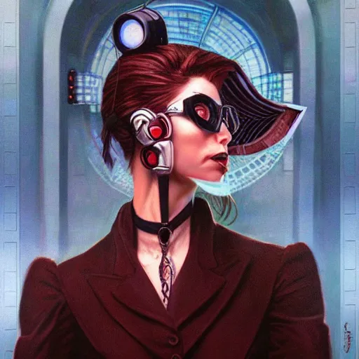 Prompt: portrait of a dapper cyberpunk woman, so happy that her face hurts, by gerald brom