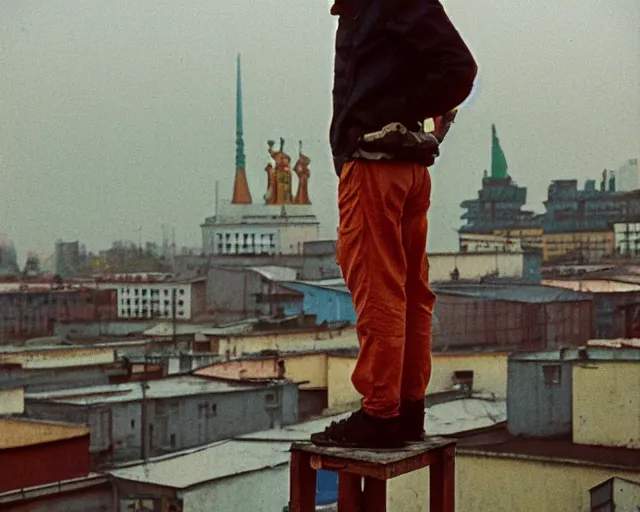 Image similar to lomo photo of man standing on the roof of soviet hrushevka in small town zelenograd, cinestill, bokeh, out of focus