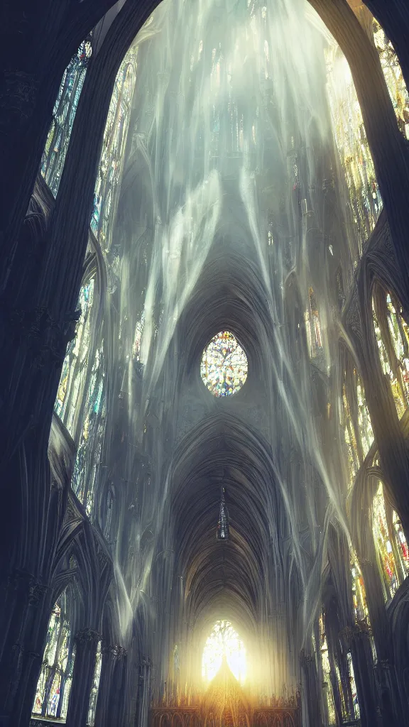 Prompt: epic cathedral!!!!!!!!!! interior!!! god-rays rays sunlight stained glass windows artstation atmospheric concept art cinematic digital fantasy gothic tall architecture haze smoke octane mood monks!!!!!! fire