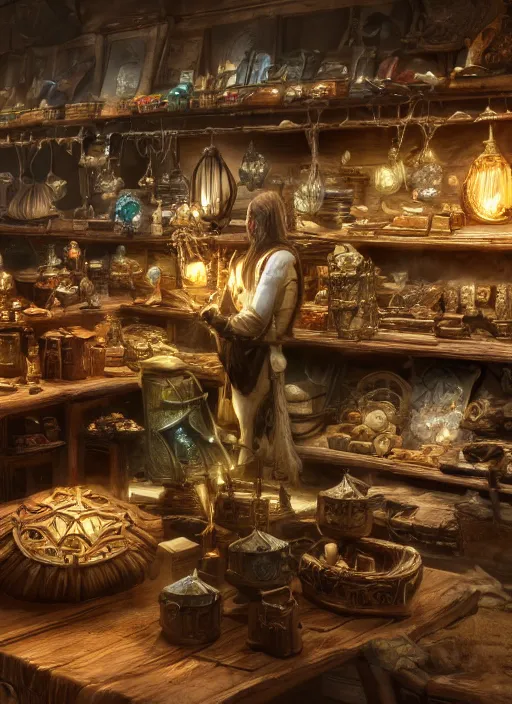 Image similar to merchant in his store selling things, ultra detailed fantasy, elden ring, realistic, dnd, rpg, lotr game design fanart by concept art, behance hd, artstation, deviantart, global illumination radiating a glowing aura global illumination ray tracing hdr render in unreal engine 5