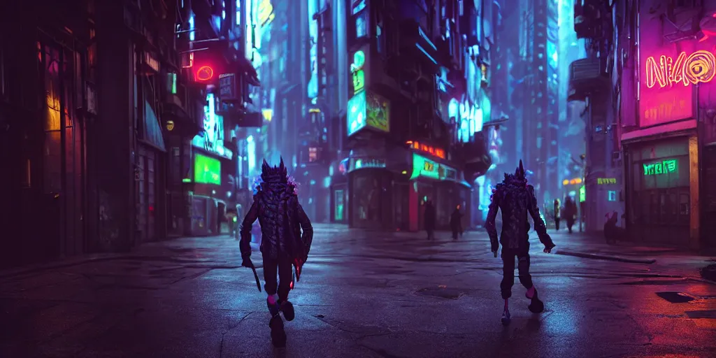 Prompt: a male goblin punk walking down the street in a cyberpunk city, medium distance shot, sharp focus, deep depth of field, light rain, highly detailed face, 8k, unreal engine 5, cinematic lighting, vivid elegant fantasy concept art, character art, cold blue neon atmosphere, artstation, deep complimentary colors, volumetric lighting, photorealistic, hyperdetailed 3D matte painting, hyperrealism, hyperrealistic masterpiece