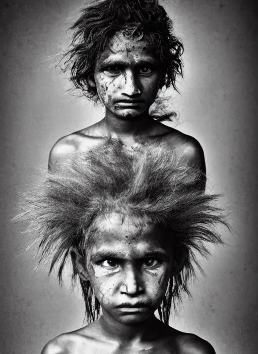 Image similar to Award winning Editorial photo of a Native Nauruans with incredible hair and beautiful hyper-detailed eyes wearing traditional garb by Lee Jeffries, 85mm ND 5, perfect lighting, gelatin silver process