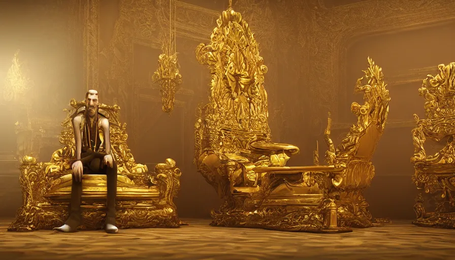 Prompt: highly detailed portrait of a lonely thin man sitting alone on a golden throne, unreal engine, fantasy art by philippe bouchet