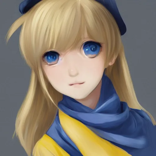 Prompt: full headshot portrait of blond babe 3 years old with gray eyes with a blue scarf and yellow t - shirt, drawn by wlop, by avetetsuya studios, attractive character, colored sketch anime manga panel, cirno from touhou, trending on artstation