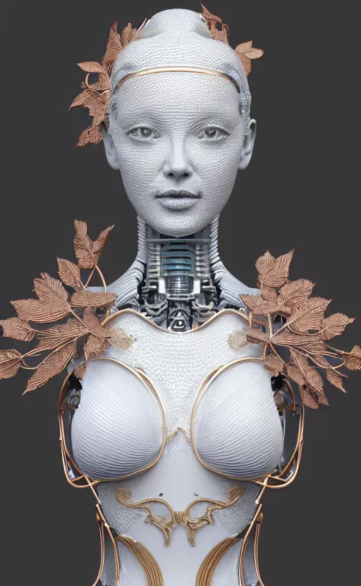 Prompt: complex 3d render ultra detailed of one single beautiful porcelain profile woman face, mechanical cyborg, 150 mm, accent lighting, beautiful studio soft light, rim light, silver gold red details, luxurious, magnolia big filigran ultra detailed leaves and stems, black roots, Alexander Mcqueen haute couture, fine foliage lace, mesh wire, filigran intricate details, hyperrealistic, mandelbrot fractal, anatomical, silver metal armor, facial muscles, cable wires, microchip, elegant, white background, beautiful white teeth, beautiful lips, octane render, H.R. Giger style, 8k