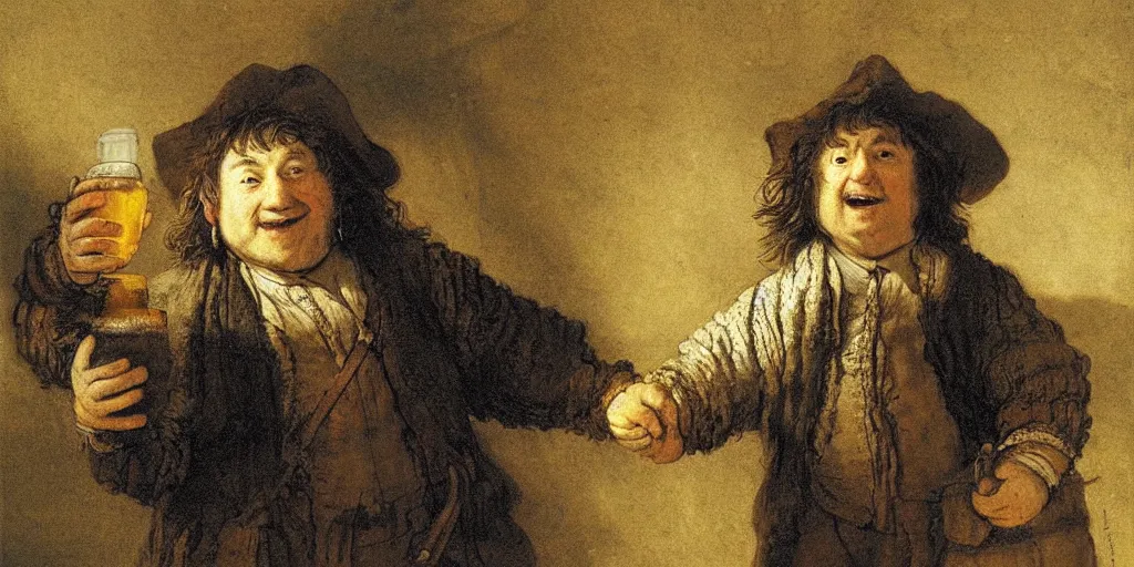 Prompt: a happy hobbit holding a colossal beer stein, portrait, by rembrandt