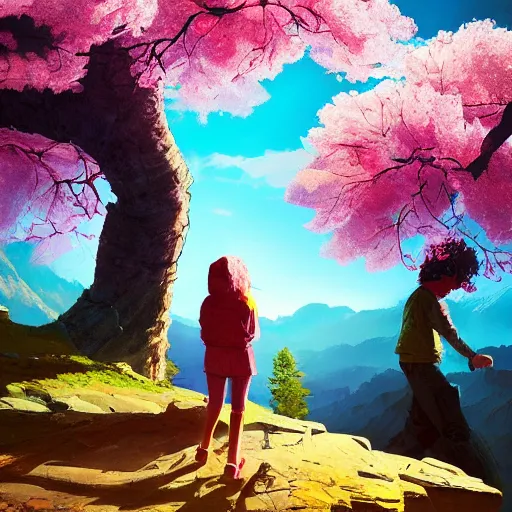 Image similar to giant cherry blossom as a head, girl hiking in a canyon, surreal photography, sunrise, dramatic light, impressionist painting, colorful clouds, digital painting, artstation, simon stalenhag