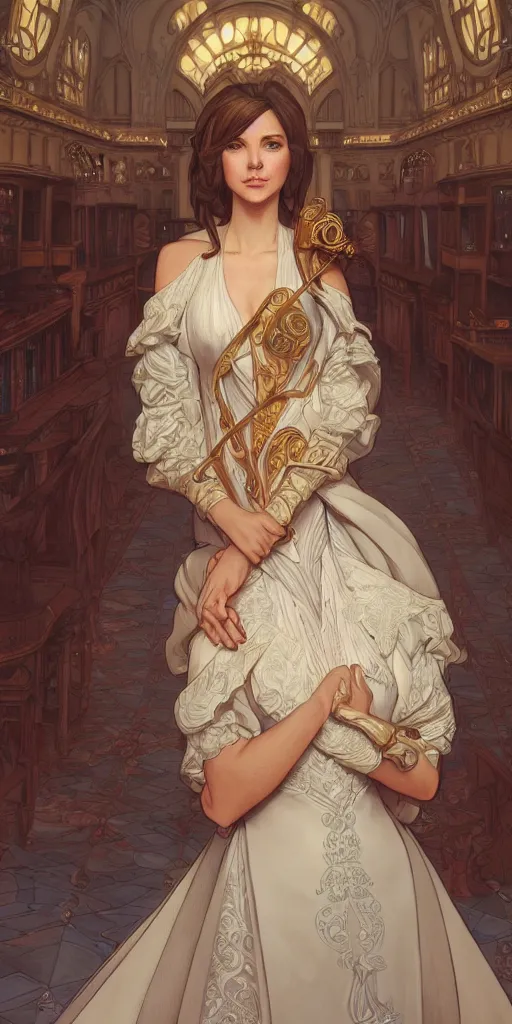 Prompt: mayors beautiful daughter, elegant dress, town hall, intricate, highly detailed, digital painting, artstation, concept art, smooth, sharp focus, illustration, Unreal Engine 5, 8K, art by artgerm and greg rutkowski and alphonse mucha, by Jesper Ejsing