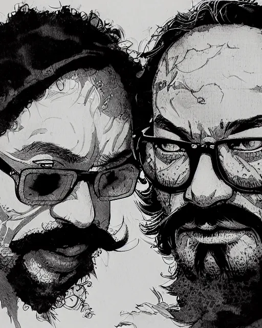 Image similar to portrait of cheech and chong, concept art, sumi - e style, intricate linework, artstation, trending, highly detailed, smooth, focus, art by yoji shinkawa,