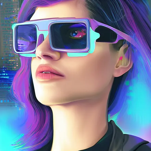 Prompt: Portrait of a beautiful woman wearing cyberpunk glasses, detailed digital art