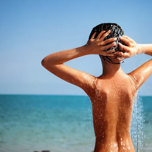 Prompt: girl on the beach taking shower
