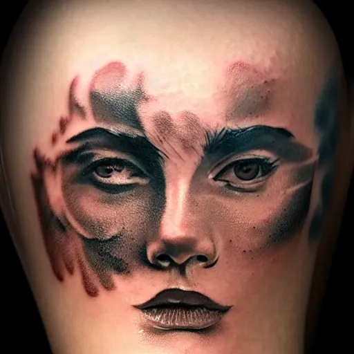 A realistic portrait tattoo of a woman's face on a mans arm on Craiyon