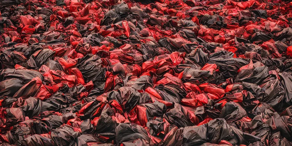 Image similar to photography of a mountain of red garbage bags full of color leds, photography by Annie Leibovitz and david lachapelle, photography award winning, rule of thirds, golden ratio, phi