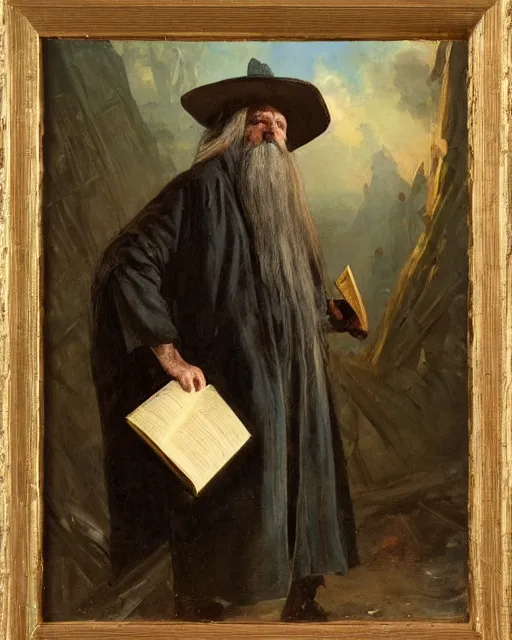 Prompt: Solomon Joseph Solomon and Richard Schmid and Jeremy Lipking victorian genre painting portrait painting of a old rugged actor wizard wearing a wizard hat and robe from the hobbit holding a book and standing in front of an ancient wooden door