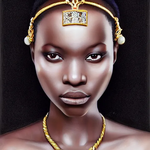 Image similar to A masterpiece portrait of a Incredibly beautiful African girl albino model with nose ring. With big bright rich jewelry. In European royal gorgeous barocco clothes. Queen\'s crown. Vogue. trending on artstation, digital art, by Stanley Artgerm Lau, WLOP, Rossdraws, James Jean, Andrei Riabovitchev, Marc Simonetti, Yoshitaka Amano