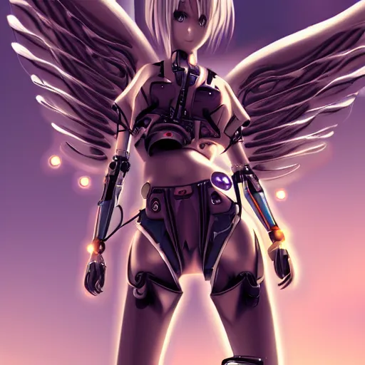 Prompt: full body, gorgeous small female android cyborg - angel large angelic wings, left eye gold and right eye silver, cyberpunk - anime art