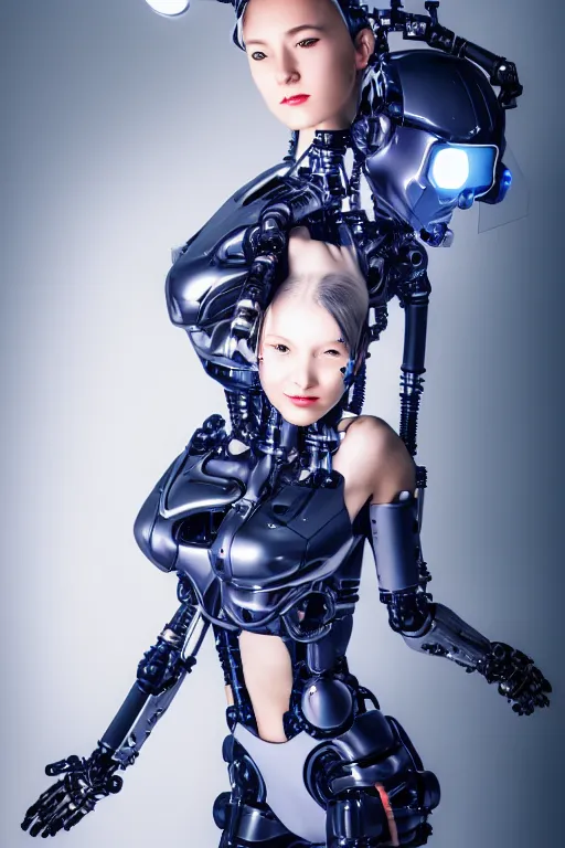 Image similar to cybernetic high tech catgirl with a cybercat on her head, sci - fi, cyberpunk, futurism, exoskeleton, strong artificial intelligence, symmetry, cinematic, elegant, luxury, professional studio light, perfect composition, dlsr photography, sharp focus, 8 k, ultra hd, sense of awe, highly detailed, hyper realistic, intricate, science journal cover