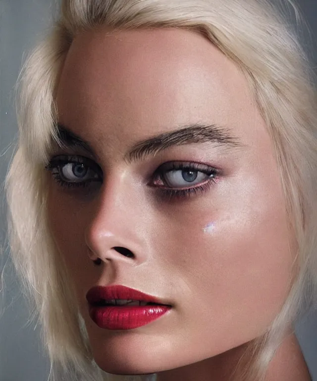 Image similar to a color photograph of margot robbie, by robert mapplethorpe, platinum blond, intense, bold, exaggerated, ultra sharp, extra details, ultra high quality, trending on pinteresst