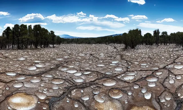 Image similar to beautiful panorama of many magnificent big upside-down raindrops in a perfect cloudless blue sky above a dried up river, desolate land, dead trees, blue sky, hot and sunny highly-detailed, elegant, dramatic lighting, artstation, 4k, cinematic landscape, masterpiece photograph by Elisabeth Gadd, Zdzislaw Beksinski, National Geographic