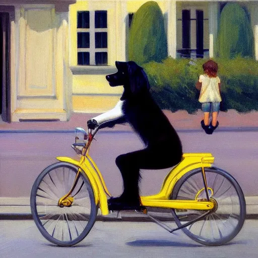 Prompt: young border collie dog riding a bike in paris. edward hopper. faithfully depicted, sharp focus, global illumination, radiant light, detailed and intricate environment, trending on artstation