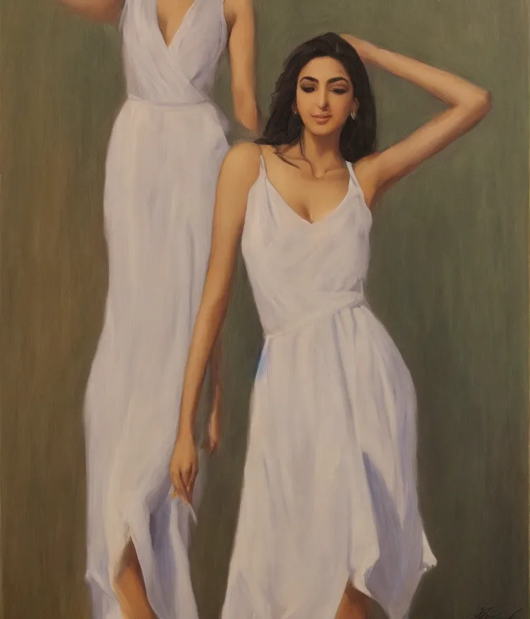 Prompt: Kiara Advani in V-neck minidress. history painting, dusk, flowy dress, artstation, oil on canvas, by Albert Aublet, Private Collection