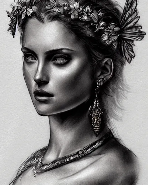 Image similar to realism tattoo sketch of a beautiful greek goddess aphrodite with piercing eyes wearing a laurel wreath and triangle earrings, in the style of greg rutkowski, amazing detail