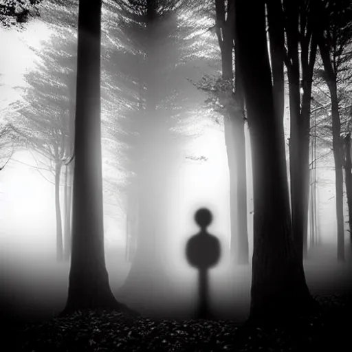 Image similar to shadow people in forest, staring at camera glowing white eyes, black and white, foggy, grainy, very old, creepy, eerie, unsettling