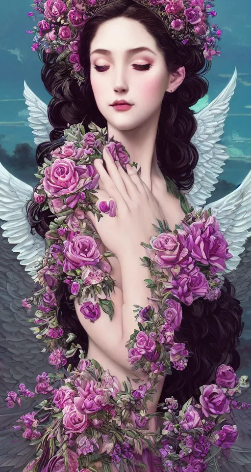 Image similar to beautiful young girl vaporwave aesthetic, synthwave, intricate, elegant, highly detailed, digital painting, wearing long gown, angelic wings, halo, crown, roses, ravens, flowers over her eyes, artstation, concept art, smooth, sharp focus, illustration, art by artgerm and greg rutkowski and alphonse mucha