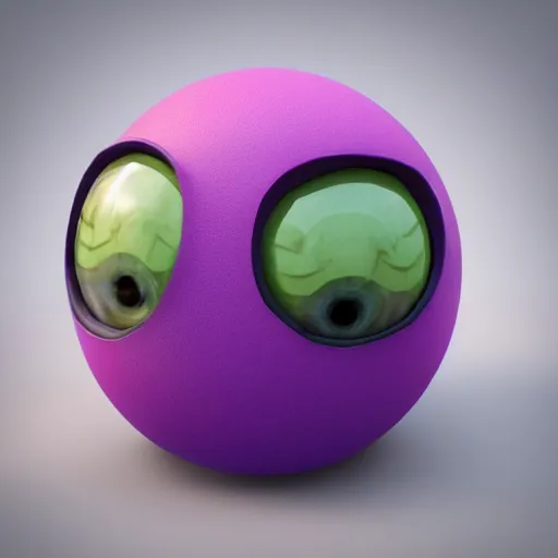 Image similar to photo of a comically tiny clay model of character with large spherical purple head and large childlike eyes with comically tiny body and spindly limbs leans close to the camera, fish eye lens, 4 k, hyper realistic, hyper detailed face, octane render, comedic, cute