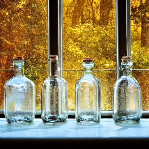 Prompt: empty oval glass bottles lined up on a dusty kitchen window cill. forest background