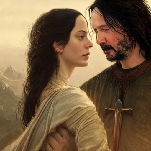 Image similar to keanu reeves as aragorn and kaya scodelario as arwen by leonardo divinci, greg rutkowski, alphonse mucha, mystical cosmic lighting, octane render, artstation, rey tracing, golden ratio, rule of thirds, perfect composition