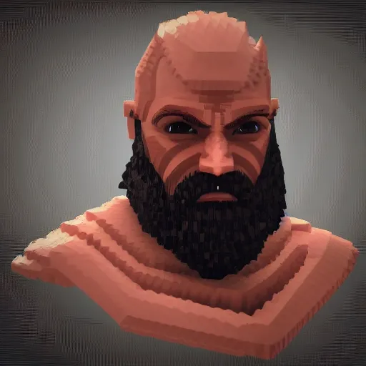 Prompt: voxel art of Kratos, orthographic, 4k, blender render