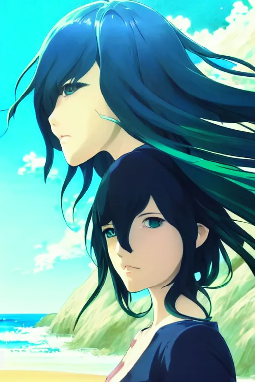 Image similar to makoto shinkai, artgerm, ilya kuvshinov, beautiful anime women with green dress, long blue hair, water powers water swirling, symmetrical face, symmetrical eyes, detailed, beach setting, cinematic lighting